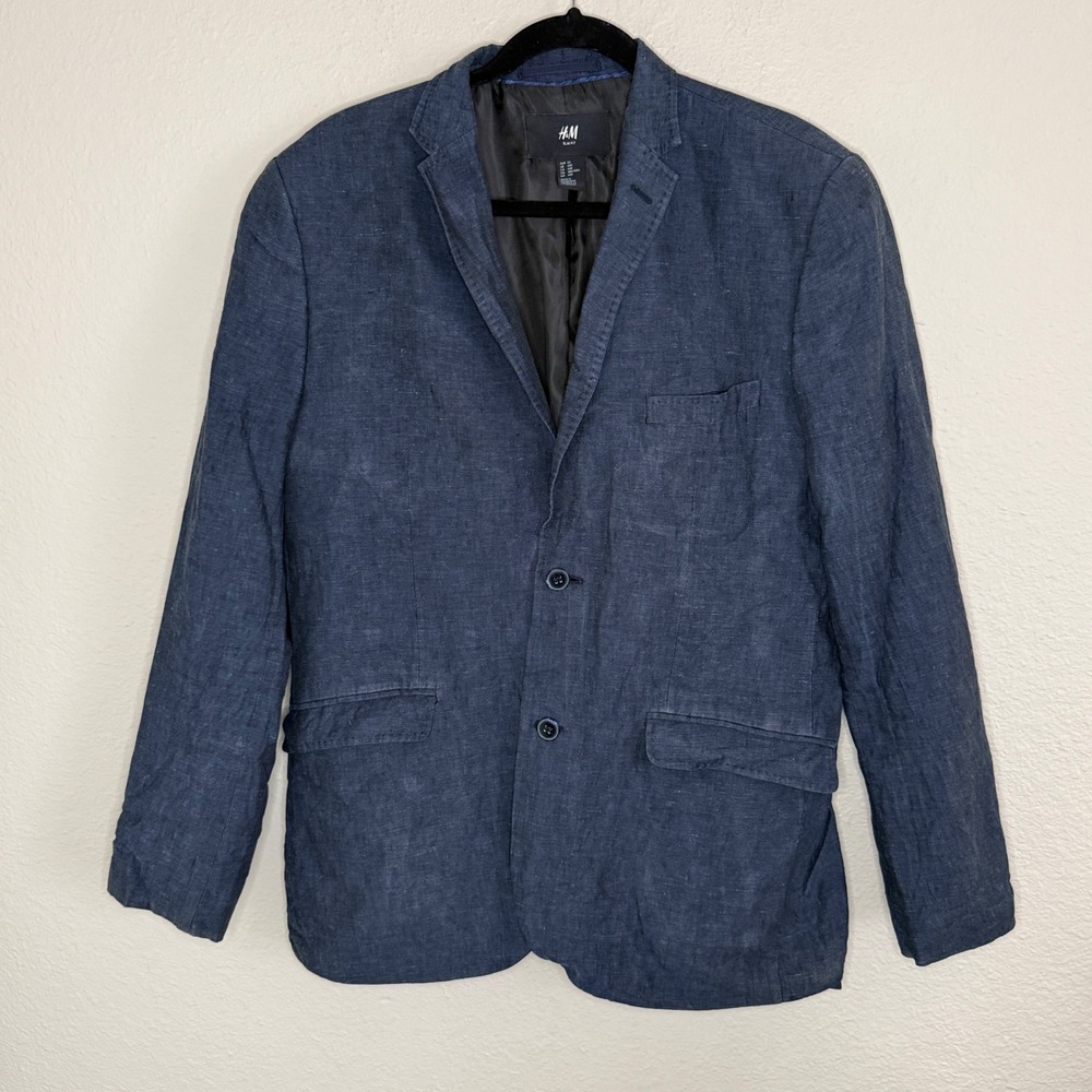 H&M Mens 44R Slim Fit Navy Linen Blazer Wedding Soft‎ Shoulder Beach Ivy Preppy